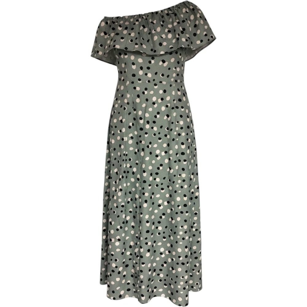 StyleDome Sage Green Polka Dot Off The Shoulder Maxi Dress Ruffle Side Slit M